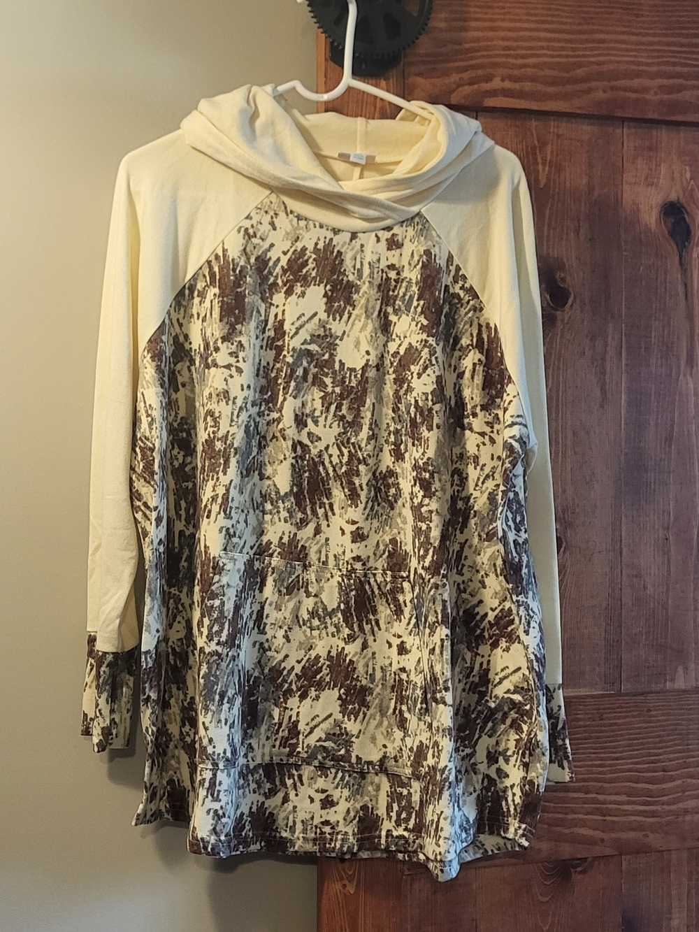 Lularoe Amber- Sweatery Cream and Brown Printed Hooded Pullover